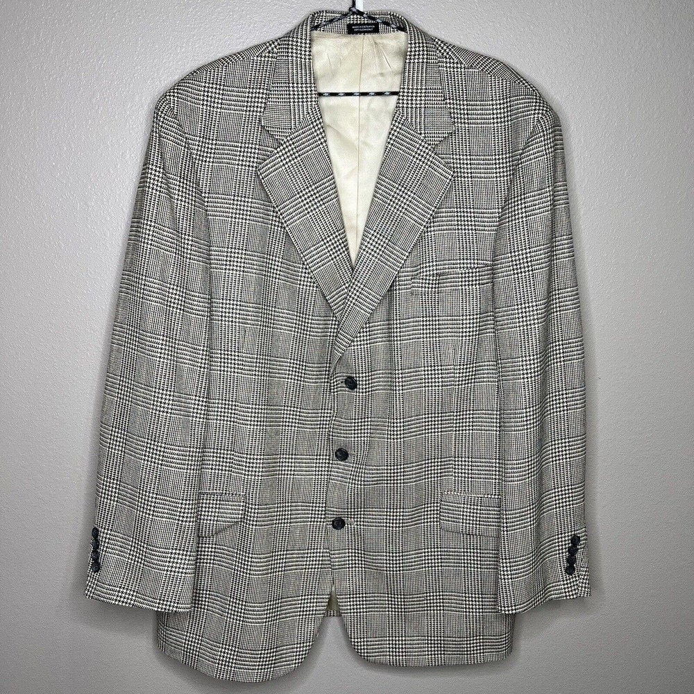 Casual Options Blue Houndstooth Plaid Silk Wool Blend Single Breasted Blazer
